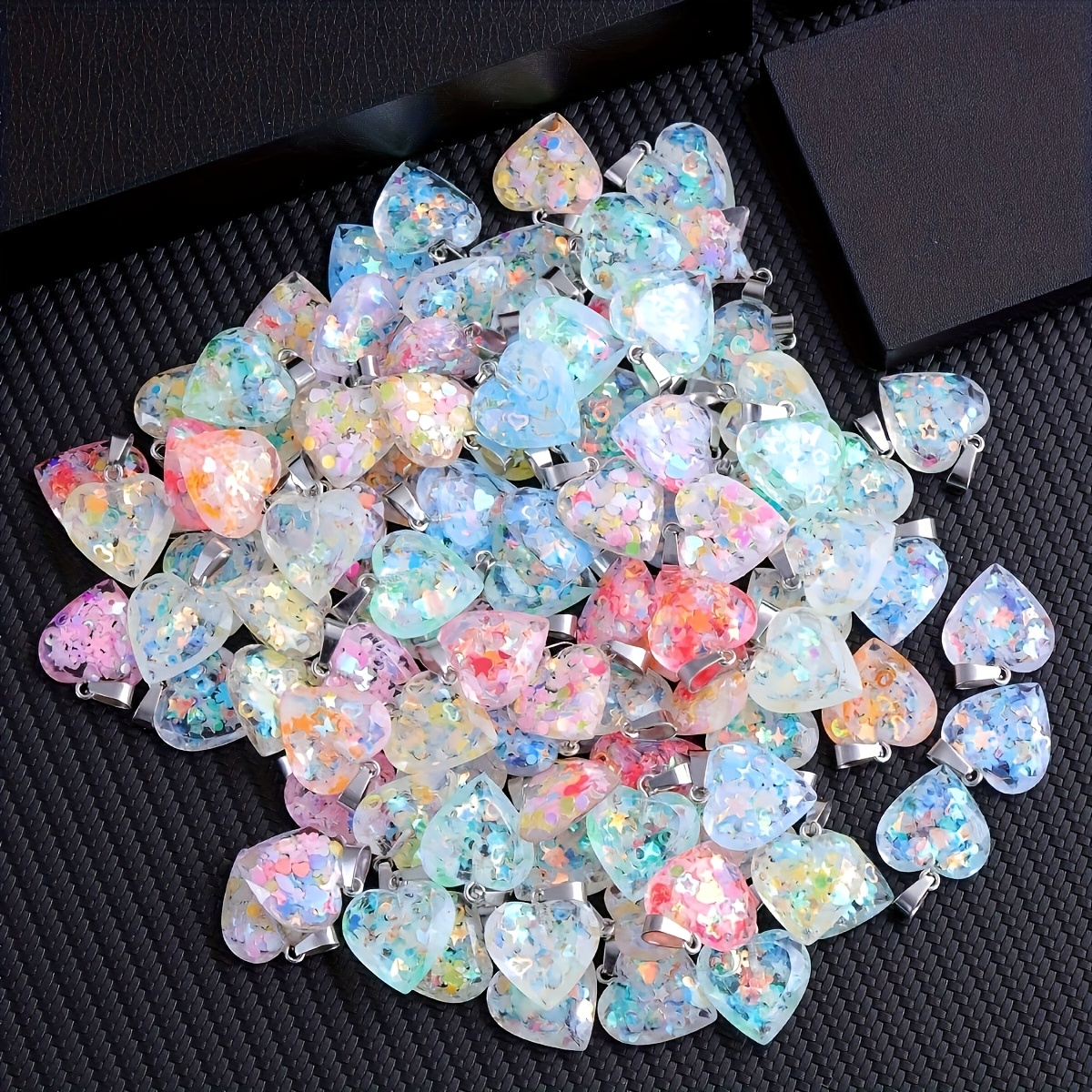 12pcs Resin Heart-Shaped Luminous Glitter Pendants Set
